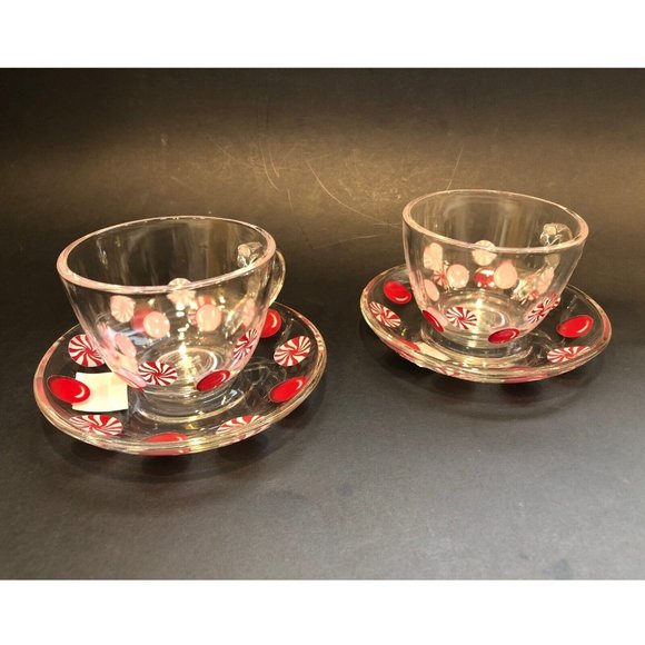 Starbucks Holiday 2007 Peppermint Candy Clear Coffee Mug Set With Saucers - Picture 1 of 16